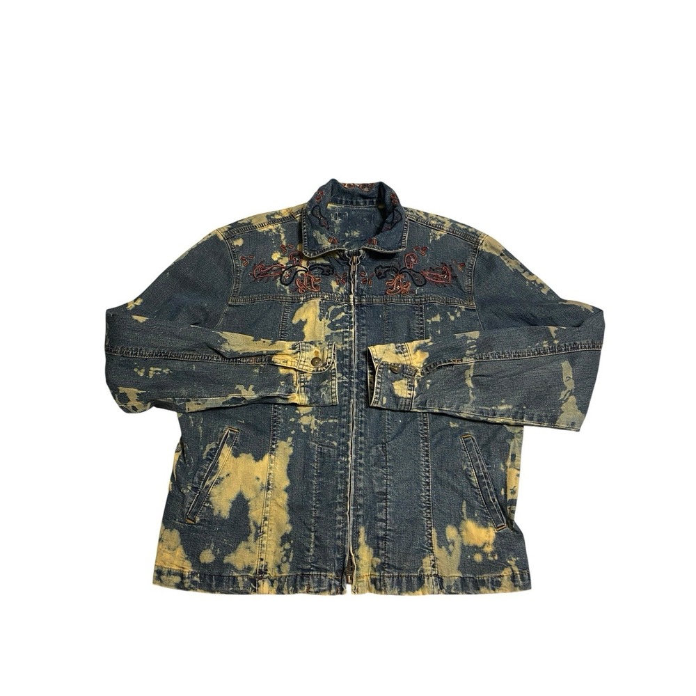 Y2K Bleach Splash Denim Jacket Womens L Embroidered Sequins Boho Grunge Jean